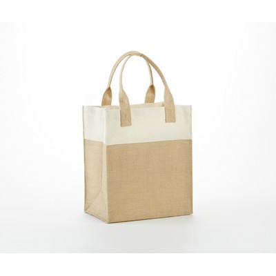 Mini Jute Gift Bag with colored cotton trims and self handles. 11" X 13" X 7"