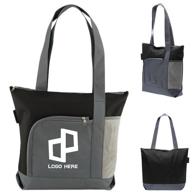 Oxford Tote Bag W/ Front Zipper Pocket