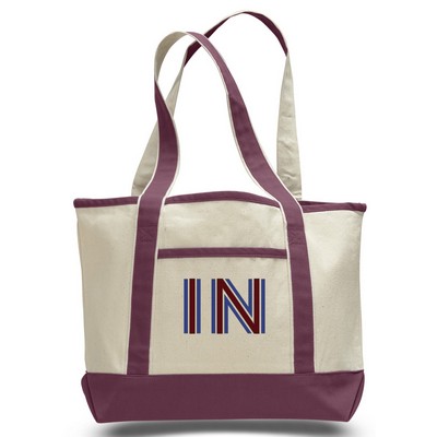 Heavy Canvas Deluxe 2-Pocket Tote (PRINTED)--Natural/Maroon