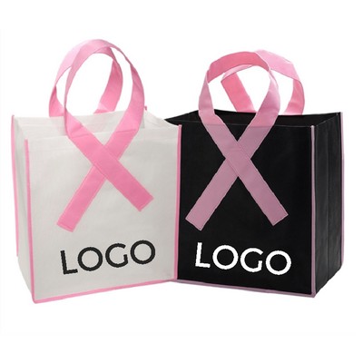 Breast Cancer Awareness Pink Ribbon Tote Bag Reusable Non Woven Grocery Bag With Custom Logo