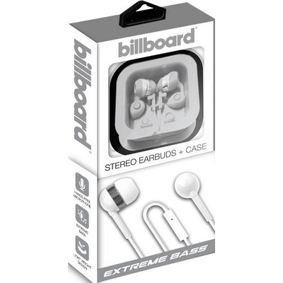 Billboard White Wired Stereo Earbuds w/Mic & Matching Case