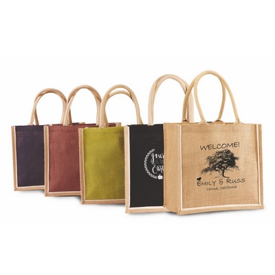 Reusable Gift Tote Eco Green Jute Burlap Shopping Bag with Cotton Handles & Cream Piping -Colored